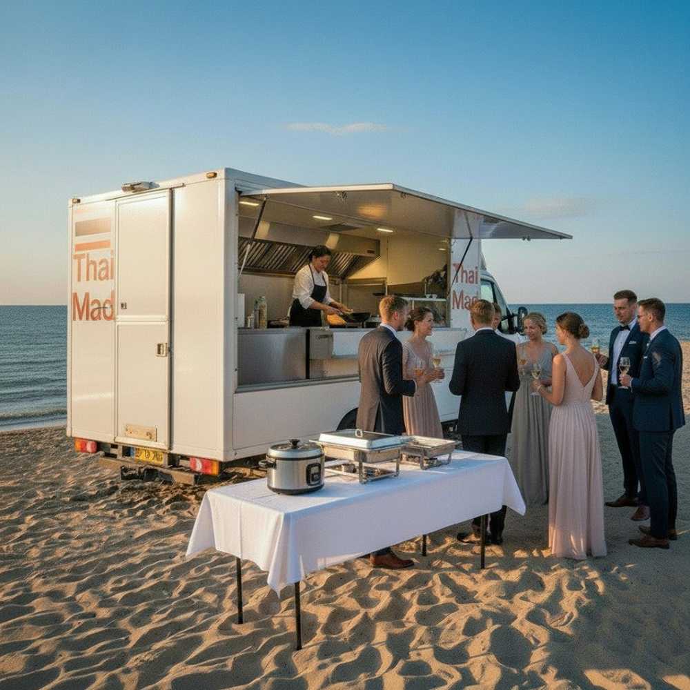 Festmad på en strand med en foodtruck Festmad til bryllup